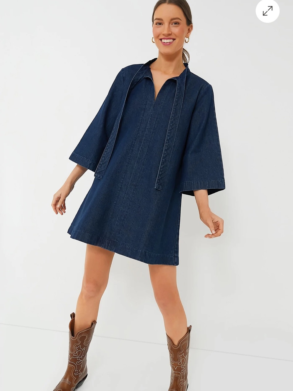 Tie-Neck Dark Blue Denim Mini Dress